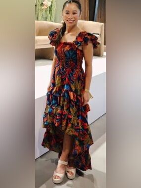 Multicolor High-Low Tiered Maxi Dress - Vibrant Blue & Red